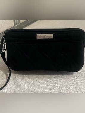 Vera Bradley Black Quilted Wristlet Clutch with Silver Logo Plate